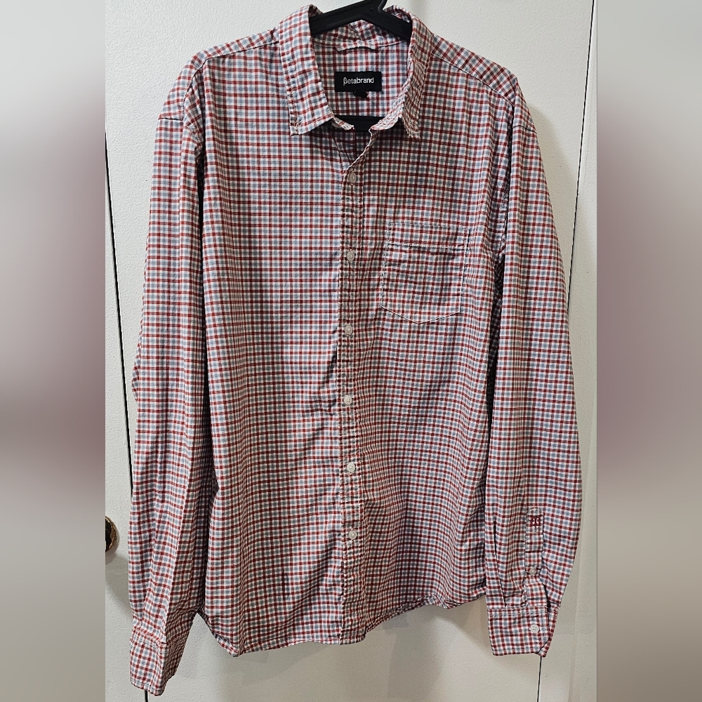 Betabrand Men's Size XXL Red Plaid Cotton/Spandex Long Sleeve Button Down Shirt